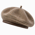 Béret taille unique en tissu marron à motif pied-de-poule - style vintage