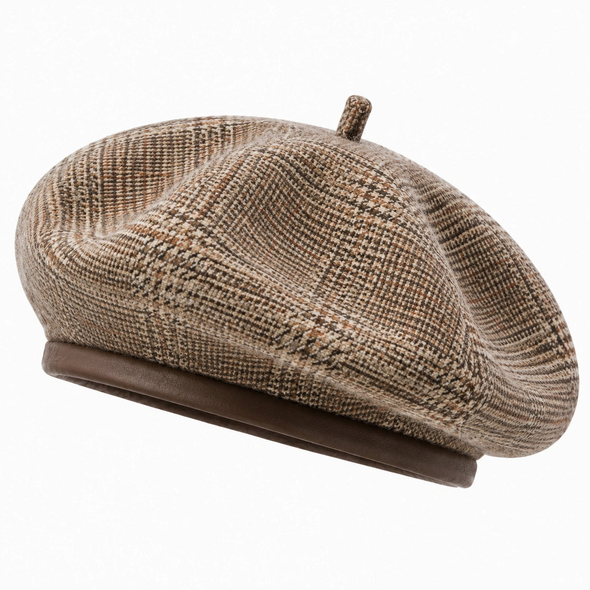 Béret taille unique en tissu marron à motif pied-de-poule - style vintage
