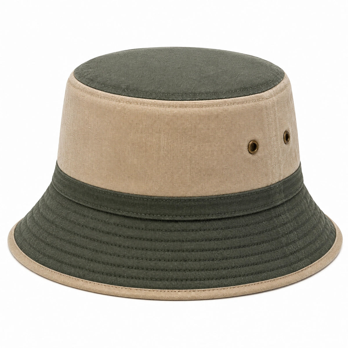 Chapeau bob taille unique en tissu vert kaki et beige style bicolore
