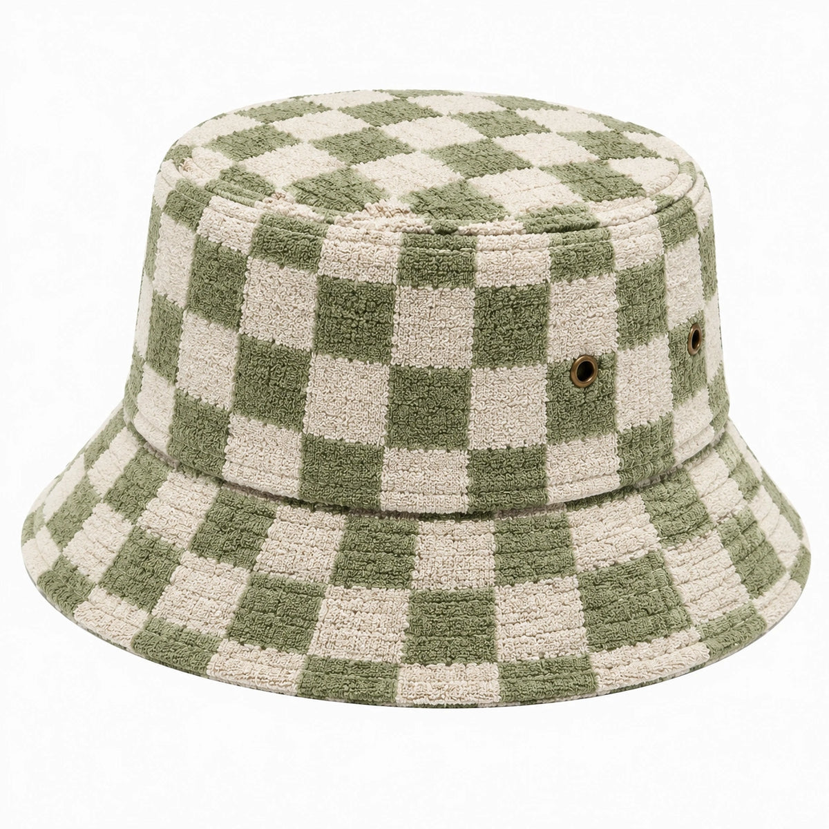Chapeau bob taille unique en tissu éponge vert sauge et écru à carreaux style décontracté