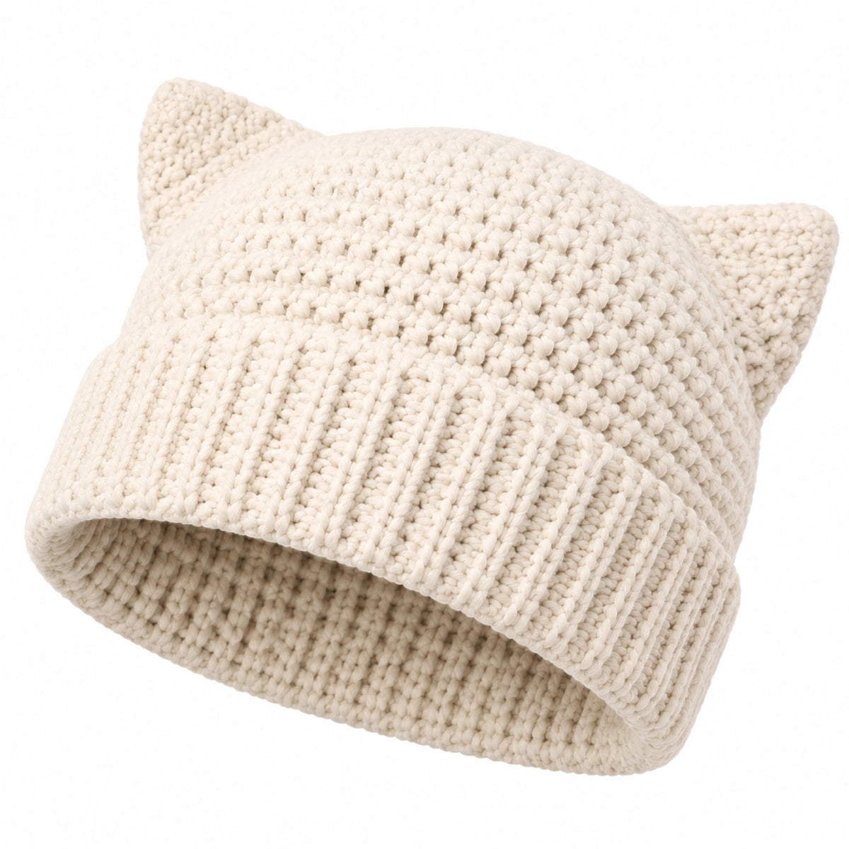 Bonnet taille unique en maille écru à oreilles de chat style tricoté