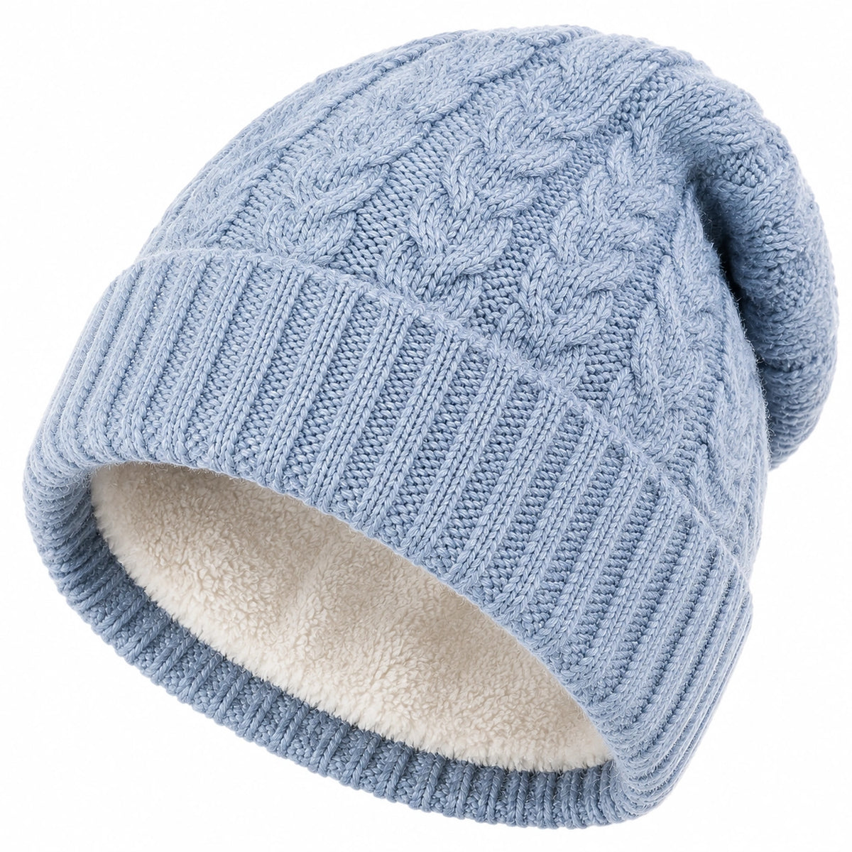 Bonnet tricoté bleu clair doublé polaire taille unique - Bonnet chaud à revers pour hiver