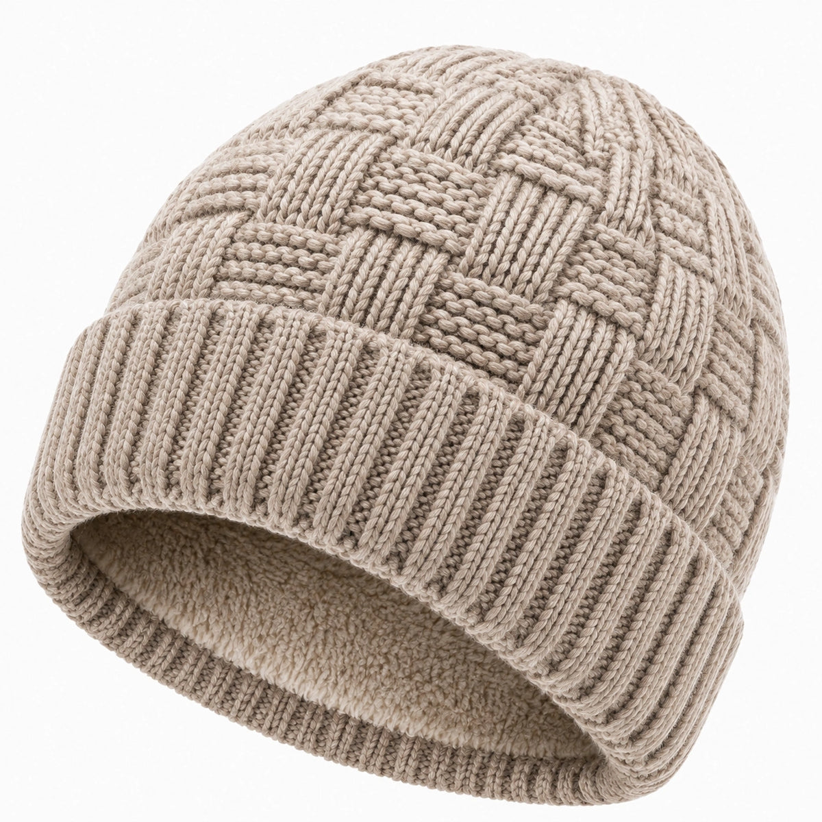 Bonnet taille unique en maille beige doublé polaire style côtelé