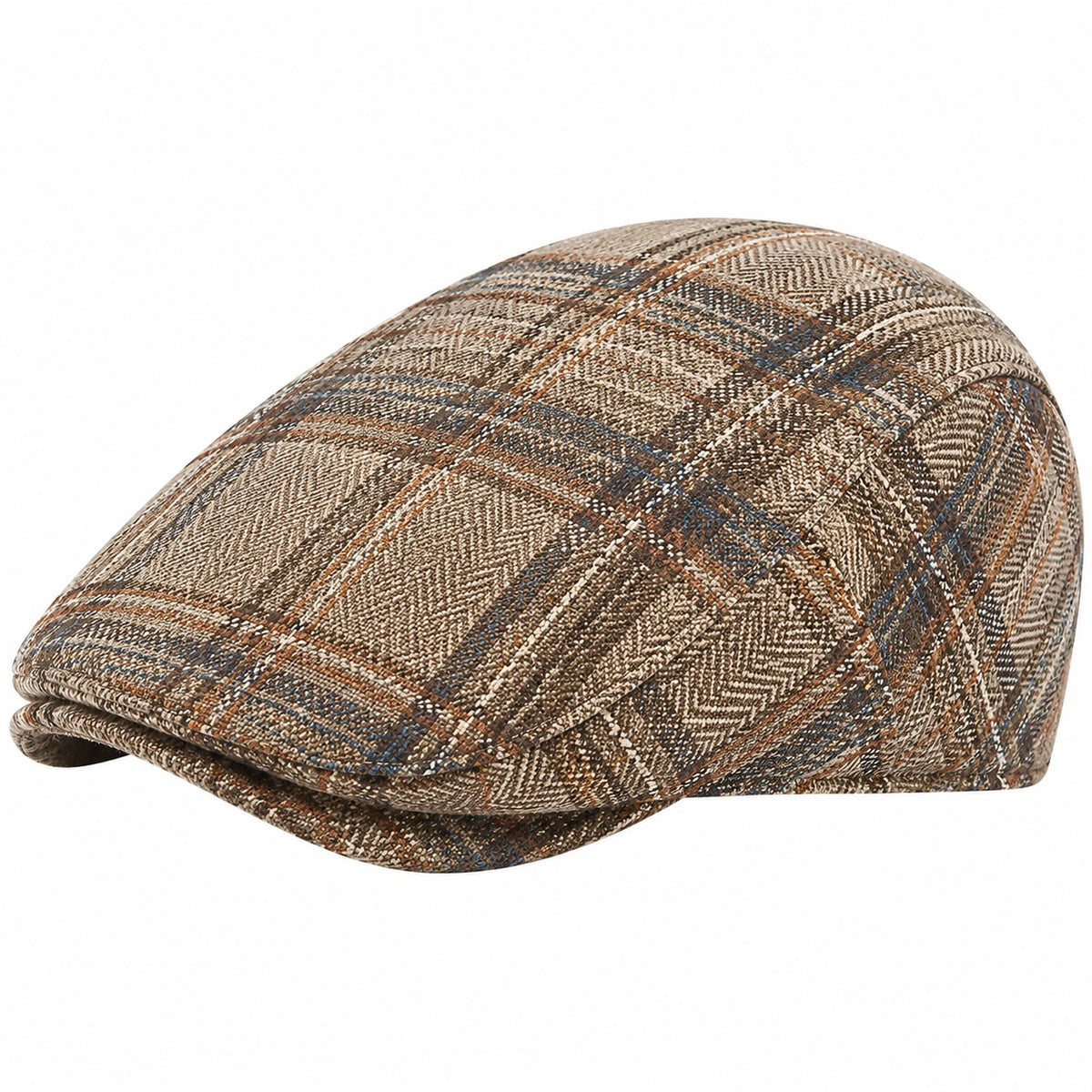 Casquette plate taille unique en tissu tissé marron à carreaux style classique