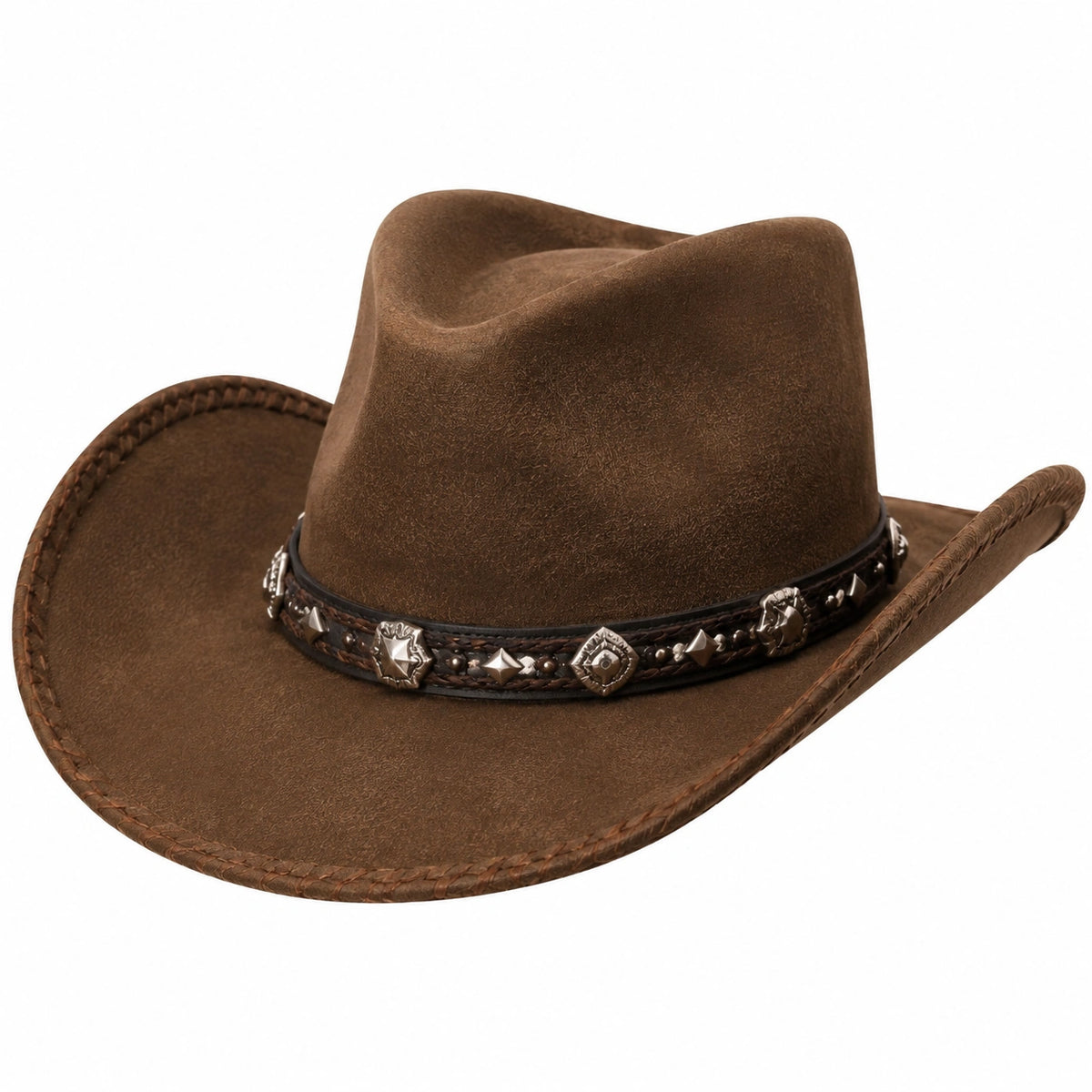 Chapeau cowboy taille unique textile effet daim marron style western décor métallique