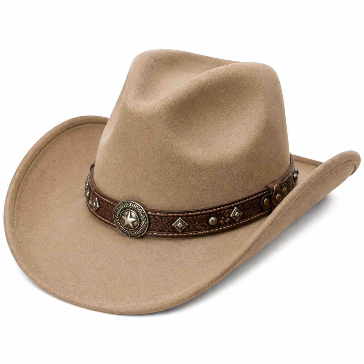Chapeau cowboy taille unique beige aspect suédine avec bande décorative style western